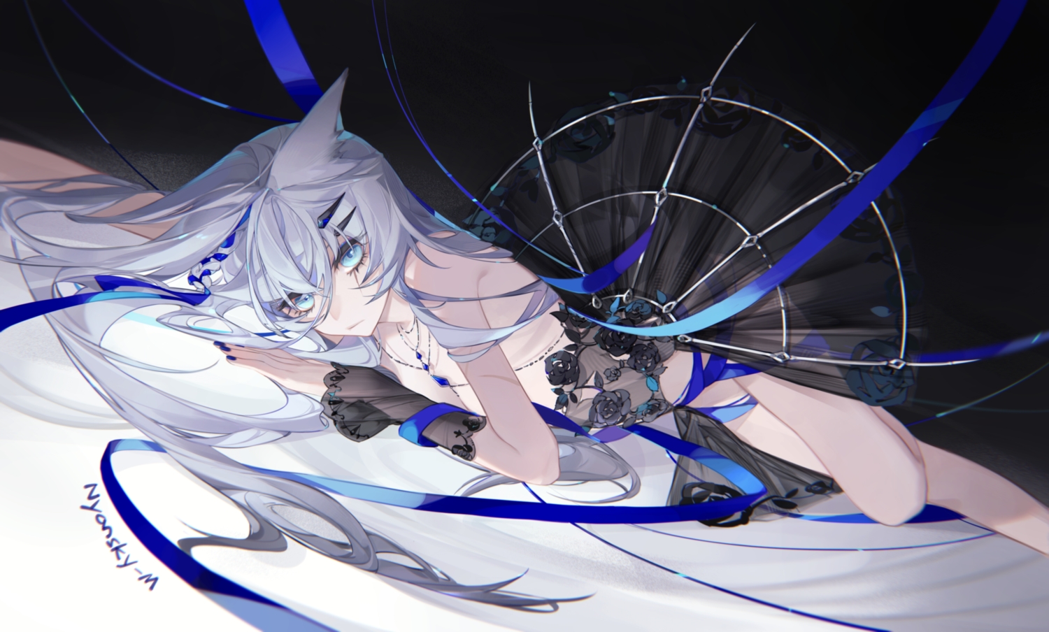 animal_ears, aqua_eyes, arknights, braids, breasts, gray_hair, lappland_(arknights), long_hair