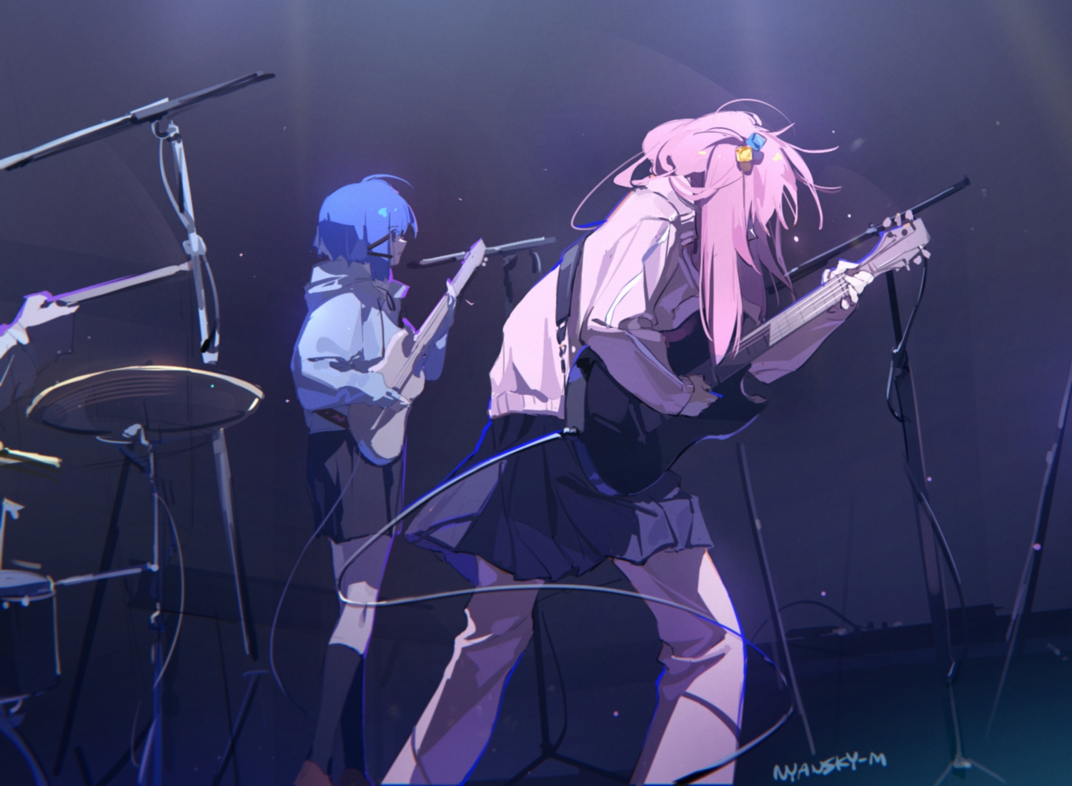2girls, blue_eyes, bocchi_the_rock!, drums, gotou_hitori, guitar, hood, instrument