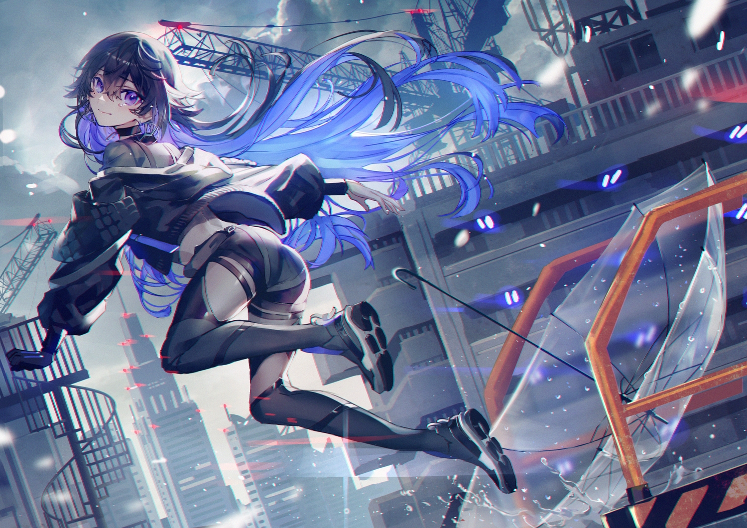 aliasing, ass, blue_hair, building, choker, hood, industrial, kamitsubaki_studio