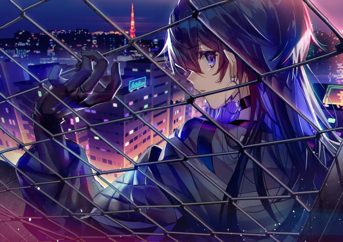 black_hair, building, choker, city, close, gloves, kamitsubaki_studio, koko_(kamitsubaki_studio)