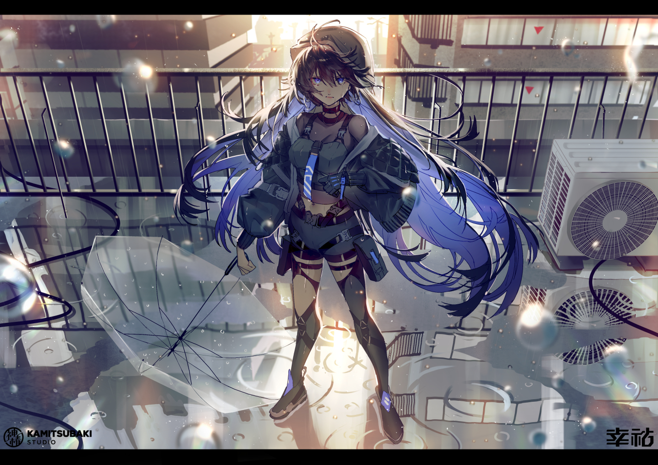 building, kamitsubaki_studio, koko_(kamitsubaki_studio), mebaru, reflection, rooftop, tears, umbrella