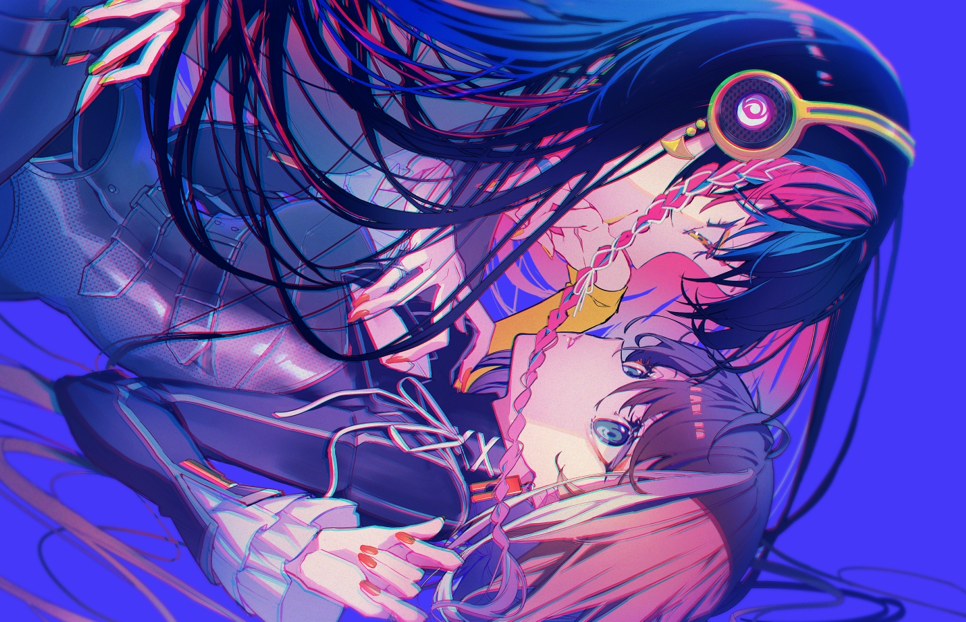 2girls, asu_(sinsekai), black_hair, braids, brown_hair, harusaruhi, headphones, kamitsubaki_studio, long_hair, mebaru, sinsekai_studio, yellow_eyes