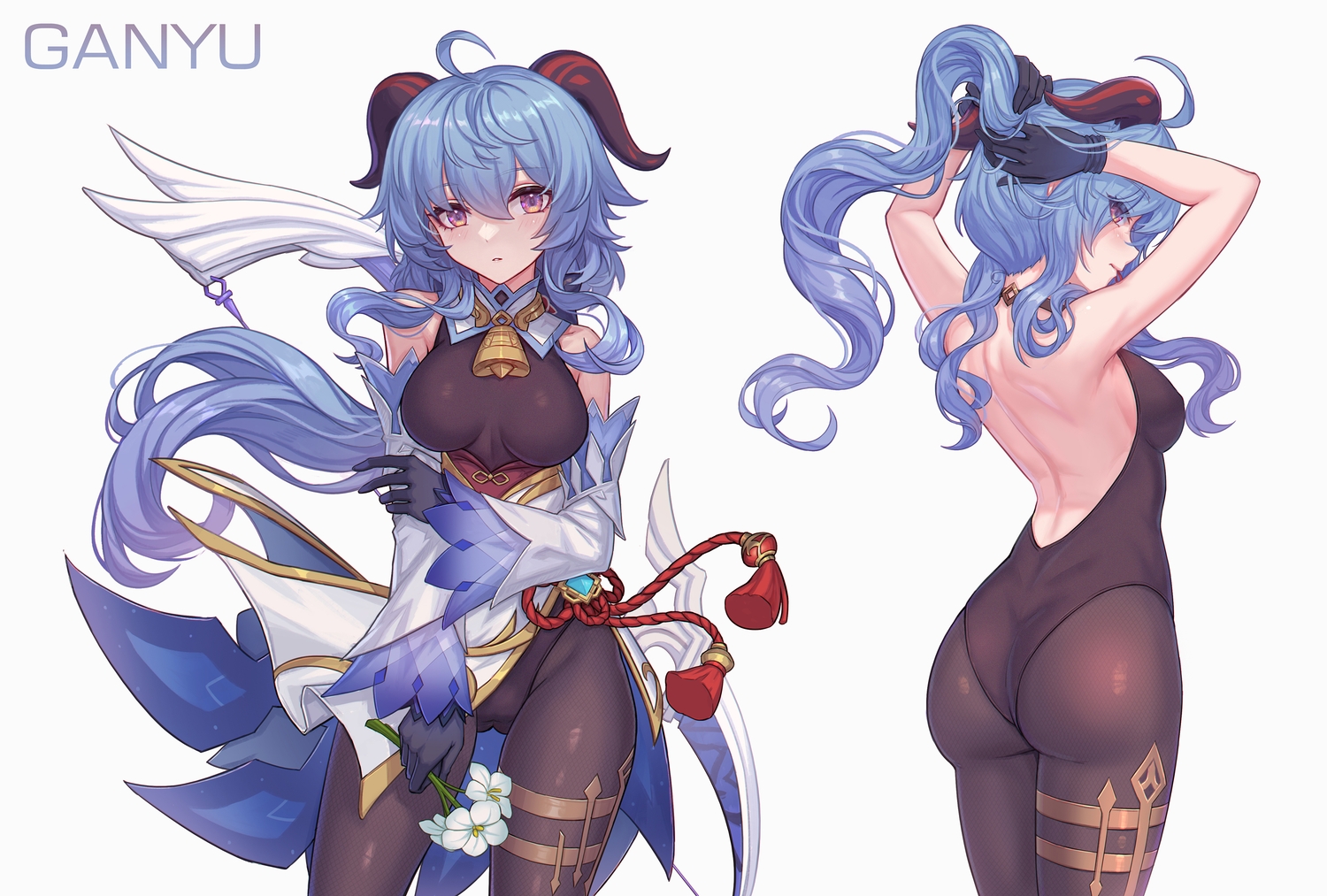 ass, bell, blue_hair, blush, breasts, cameltoe, flowers, ganyu_(genshin_impact)
