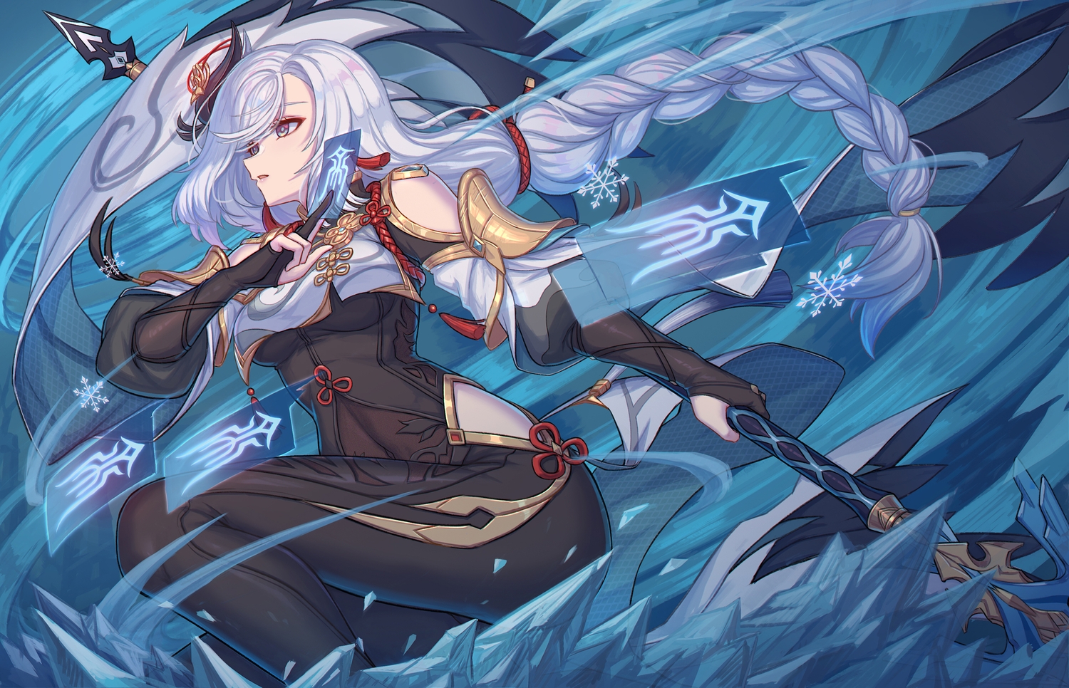 aqua_eyes, armor, bodysuit, braids, elbow_gloves, genshin_impact, gloves, gray_hair, long_hair, magic, nairobi_song, ofuda, ponytail, shenhe_(genshin_impact), spear, weapon