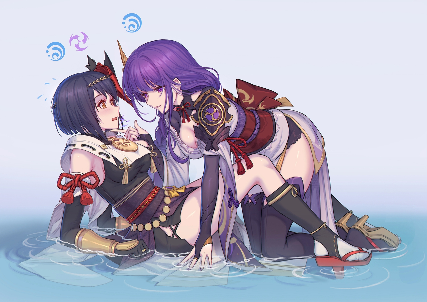 2girls, armor, black_hair, blush, braids, breasts, cleavage, elbow_gloves