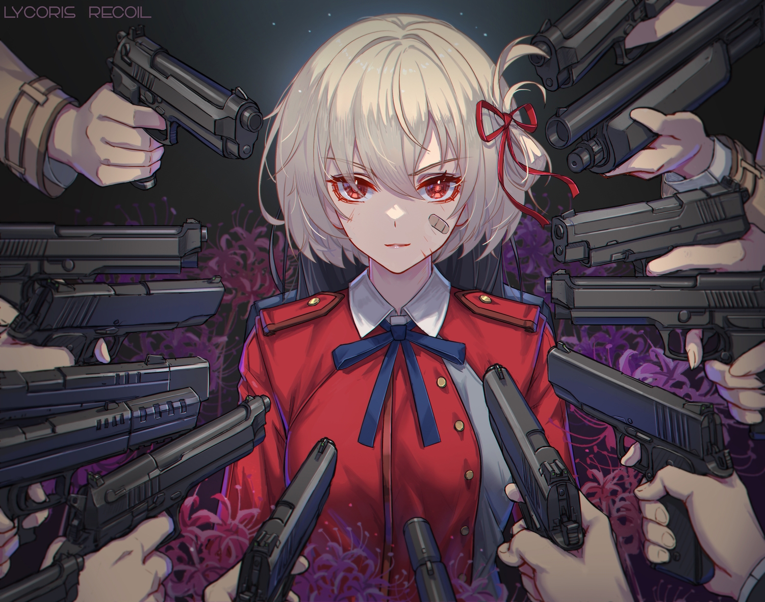 bandaid, blonde_hair, bow, flowers, gun, lycoris_recoil, nairobi_song, nishikigi_chisato, red_eyes, school_uniform, short_hair, weapon