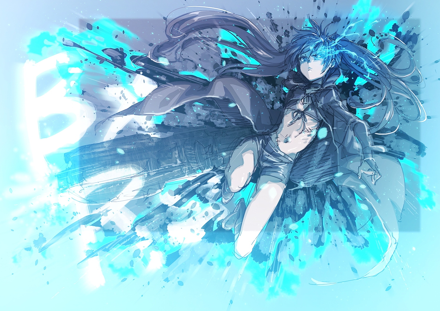 aqua_eyes, bikini_top, black_hair, black_rock_shooter, flat_chest, gun, hood, isshi_pyuma