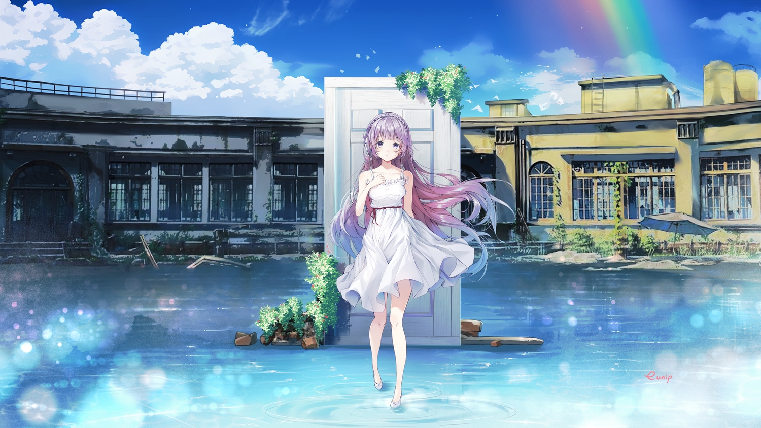 braids, breast_hold, building, clouds, dress, eunip, long_hair, purple_eyes