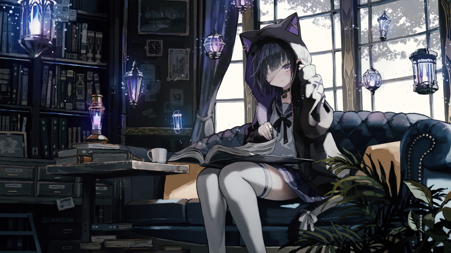 animal_ears, black_hair, book, couch, drink, eyepatch, hood, indie_virtual_youtuber