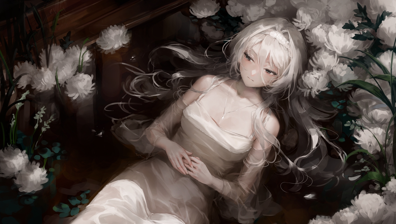cross, dress, flowers, headband, long_hair, necklace, original, sowb