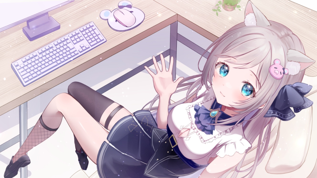 animal_ears, aqua_eyes, asakura_mashiro, computer, gray_hair, irono1910, kneehighs, long_hair