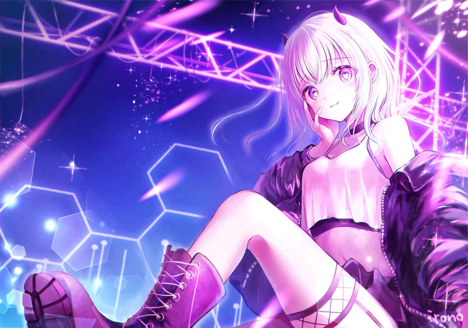 blush, boots, cat_smile, choker, garter, garter_belt, gray_hair, horns, irono1910, long_hair, navel, original, polychromatic, purple_eyes, short_hair, signed, white_hair