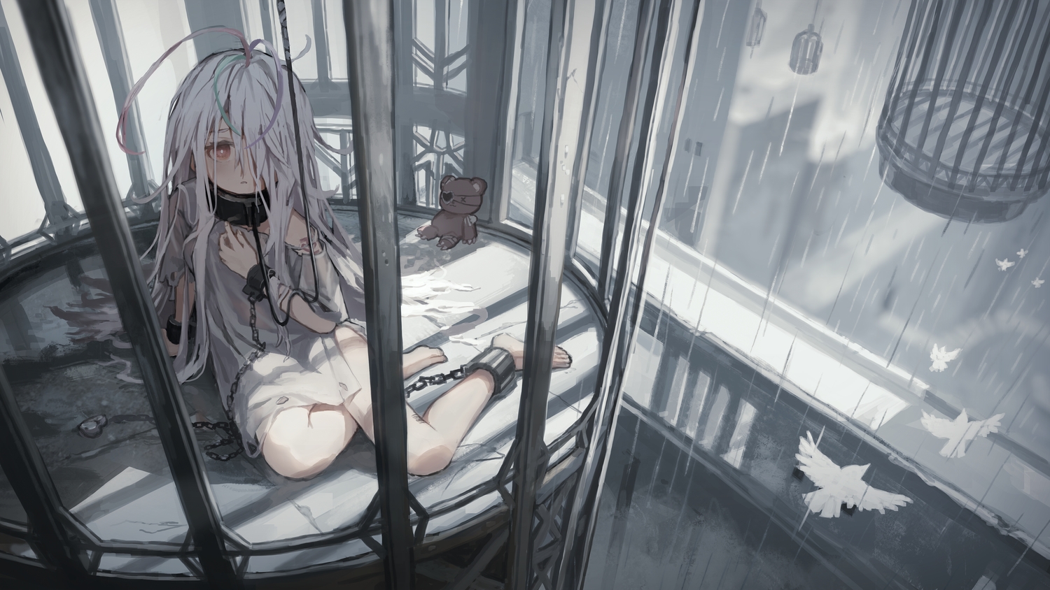 animal, barefoot, bird, bondage, cage, chain, collar, gray_hair