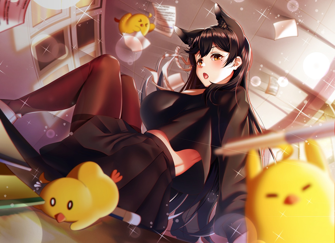 animal, animal_ears, anthropomorphism, atago_(azur_lane), azur_lane, bird, blush, brown_eyes