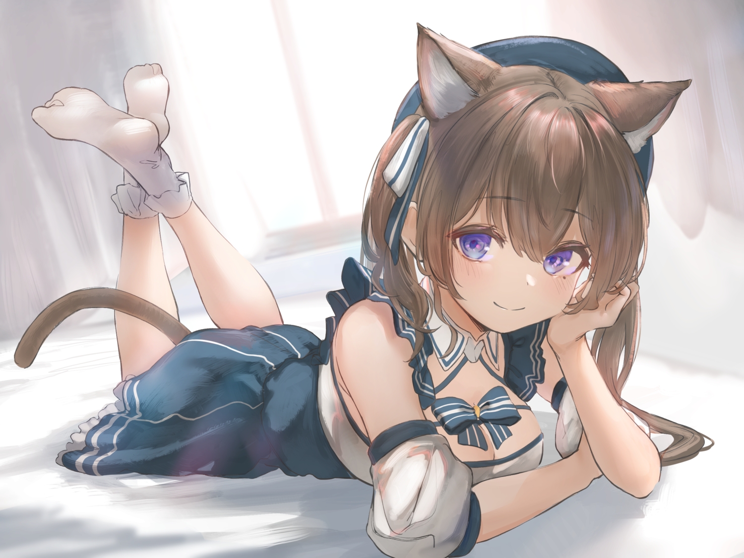 animal_ears, bow, breasts, brown_hair, catgirl, cleavage, dress, hat, itigori_ena, long_hair, marulire, purple_eyes, socks, tail