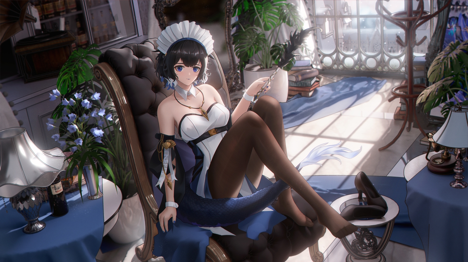 3d, arknights, book, flowers, kjera_(arknights), ling_dianxia, maid, necklace, pantyhose, phone, tail