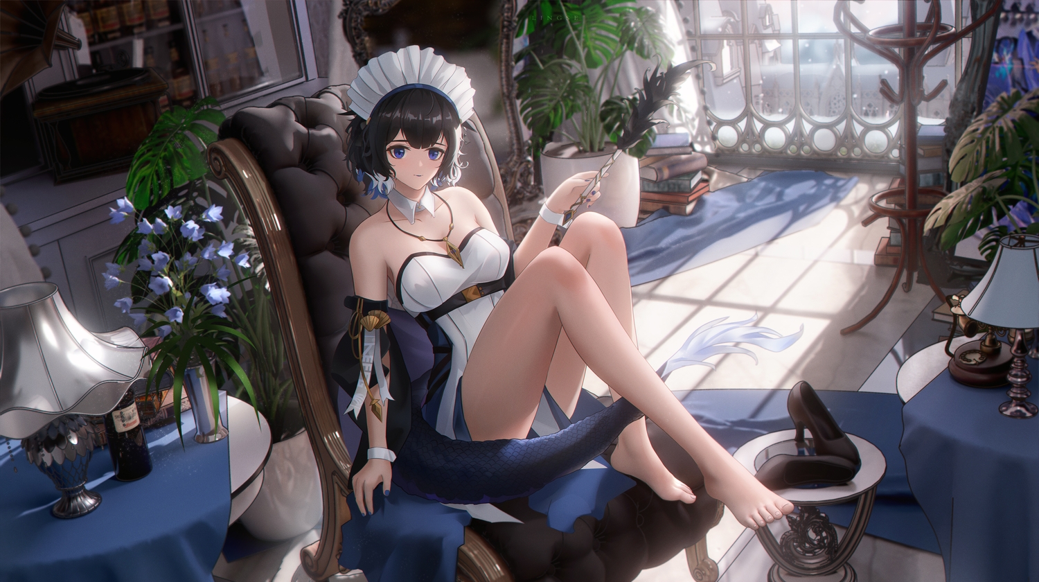 3d, arknights, barefoot, book, drink, flowers, kjera_(arknights), ling_dianxia, maid, necklace, phone, tail
