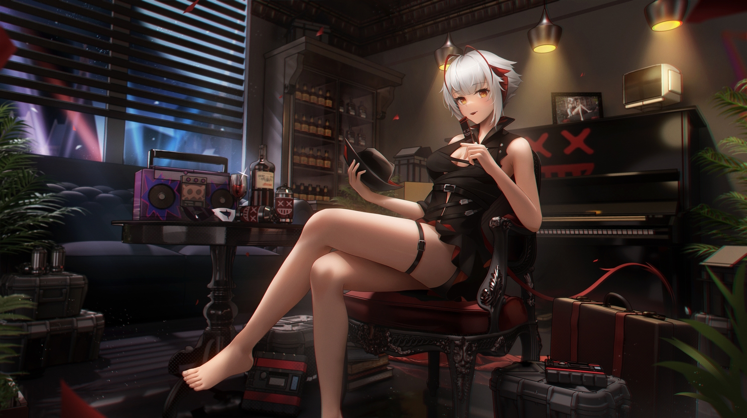 3d, arknights, barefoot, drink, garter, hat, instrument, ling_dianxia