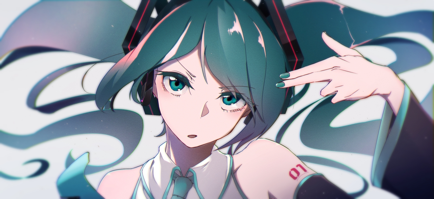 close, green_eyes, green_hair, hatsune_miku, headphones, kasoku_souchi, long_hair, tattoo