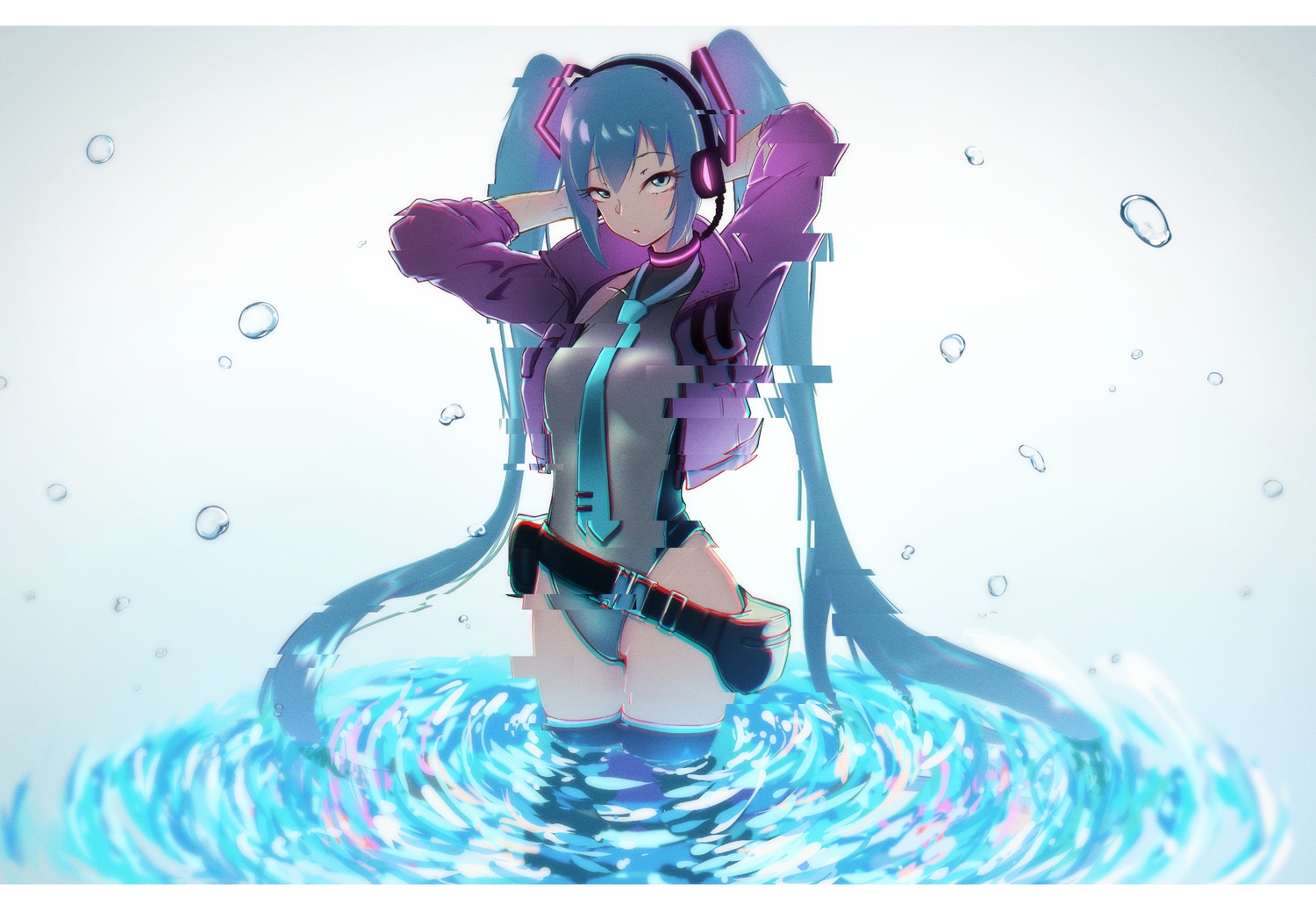 aqua_eyes, aqua_hair, hatsune_miku, headphones, kasoku_souchi, long_hair, microphone, swimsuit