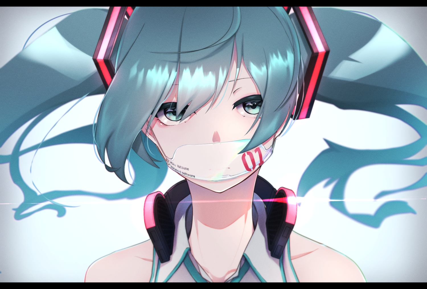 aqua_eyes, aqua_hair, close, hatsune_miku, headphones, kasoku_souchi, long_hair, mask
