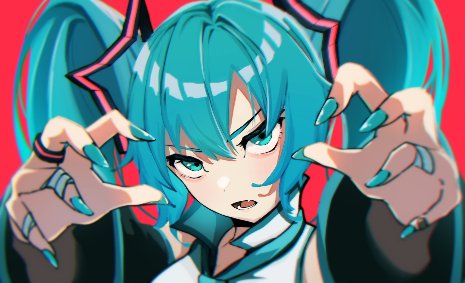 aqua_eyes, aqua_hair, close, fang, hatsune_miku, kasoku_souchi, twintails, vocaloid