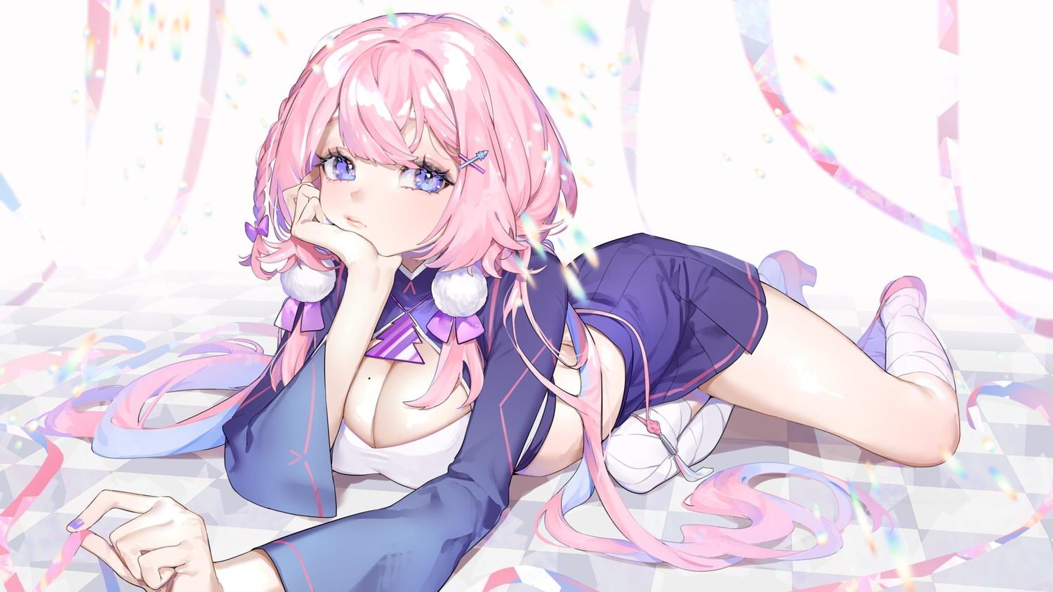 bandage, breasts, cleavage, long_hair, mayuri_kaichou, pink_hair, purple_eyes, ribbons