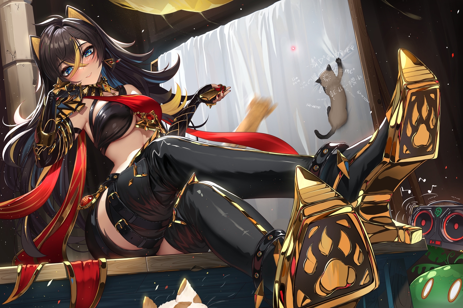 animal, animal_ears, armor, black_hair, blue_eyes, blush, boots, breasts
