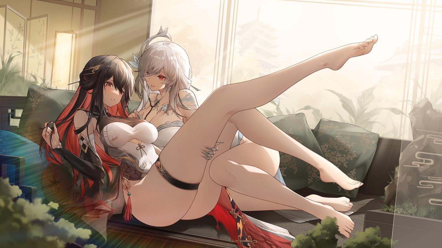 2girls, aether_gazer, barefoot, black_hair, building, chinese_clothes, chinese_dress, couch, dress, garter, gray_hair, hades_(aether_gazer), jiusan_naitan, lingguang_(aether_gazer), long_hair, red_eyes, yuri