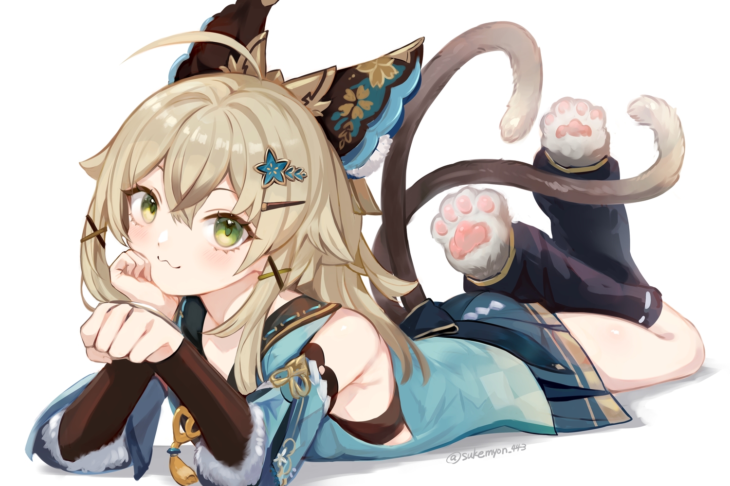 animal_ears, catgirl, cat_smile, genshin_impact, green_eyes, kirara_(genshin_impact), long_hair, multiple_tails