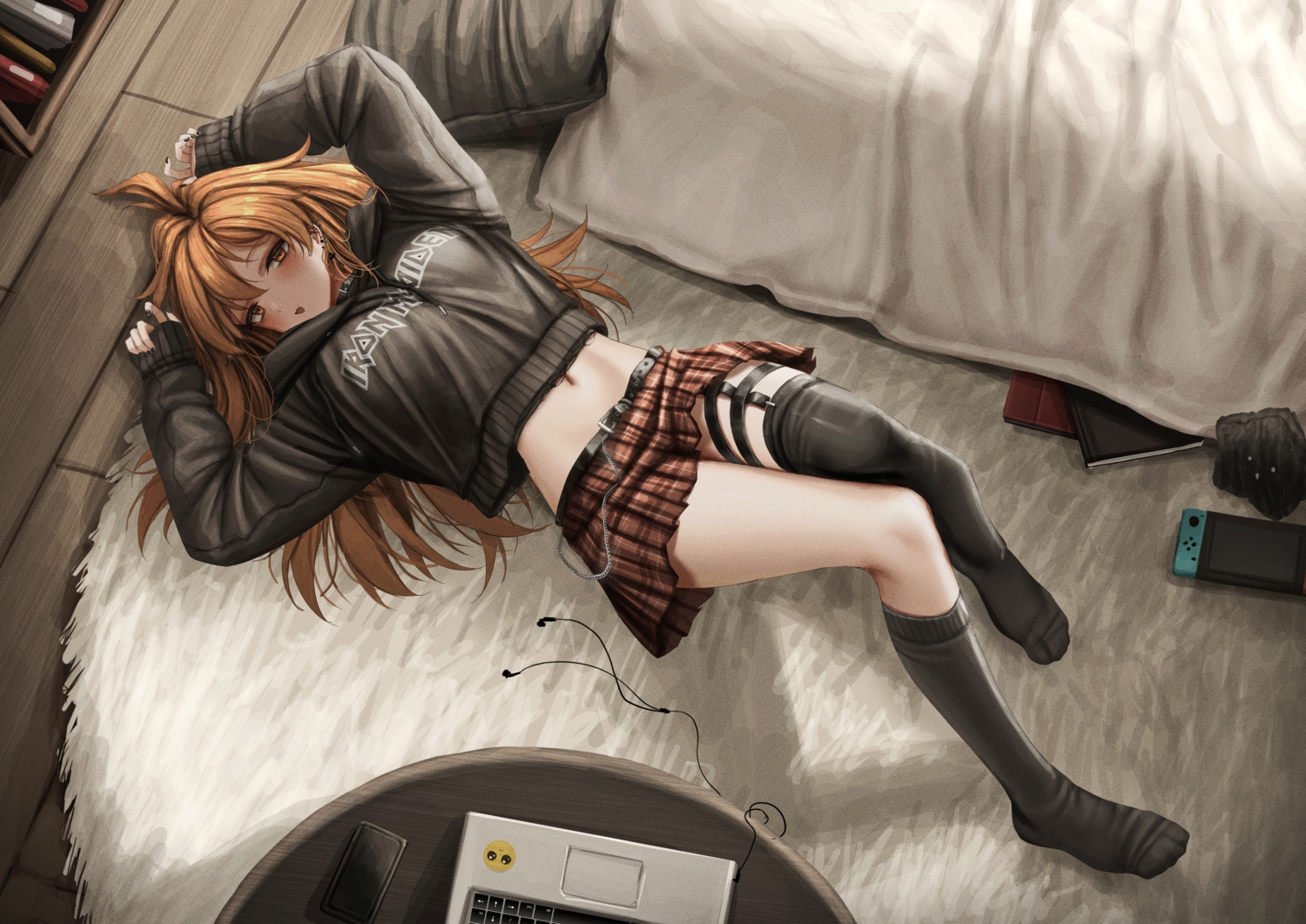 bed, blush, brown_eyes, brown_hair, computer, game_console, headphones, hood, lobsteranian, long_hair, navel, original, skirt, thighhighs