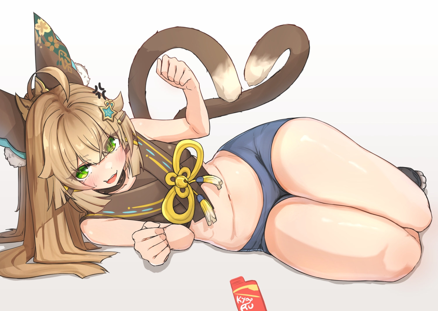 animal_ears, blush, brown_hair, catgirl, cat_smile, choker, fang, food