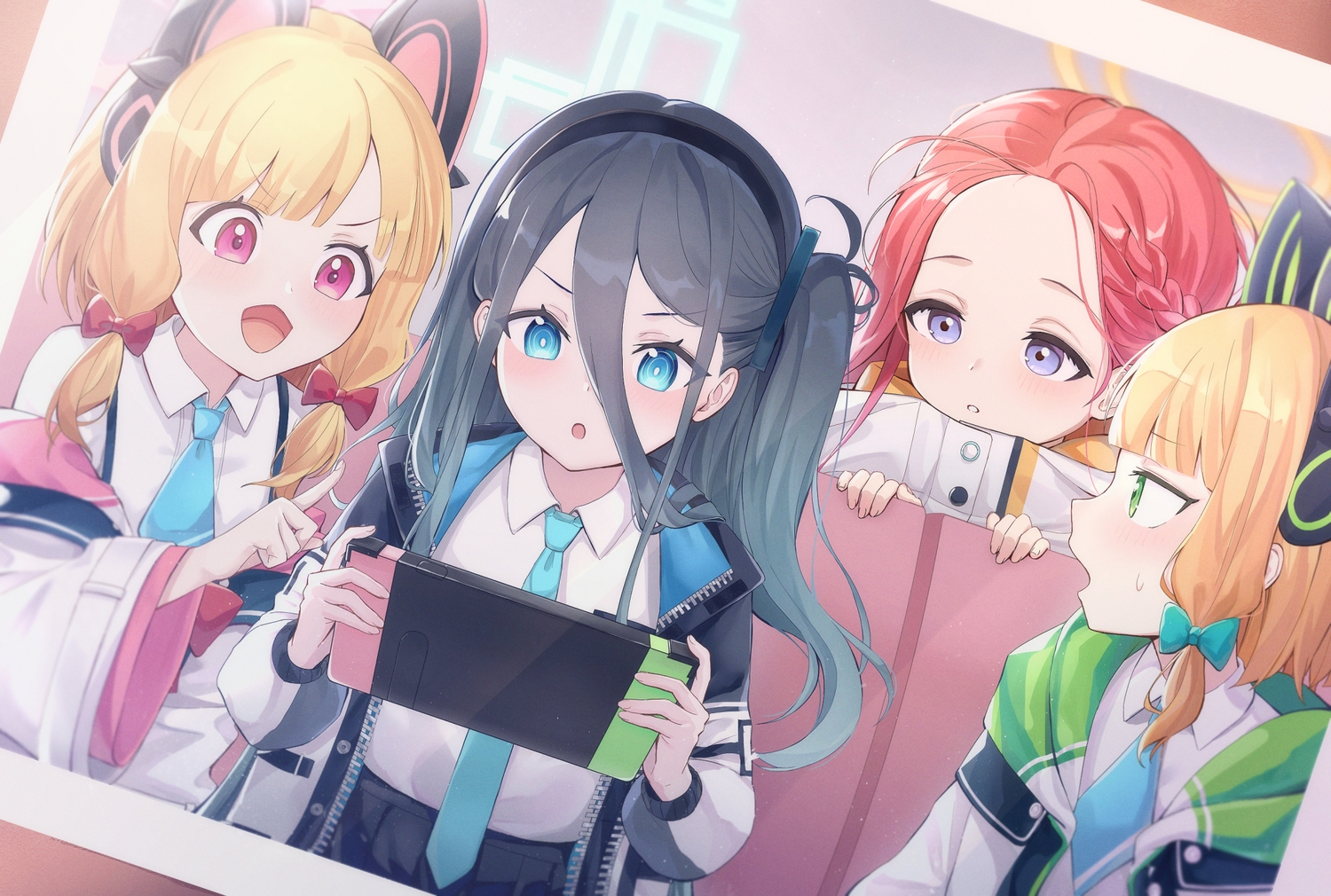 animal_ears, aqua_eyes, black_hair, blonde_hair, blue_archive, blush, bow, braids