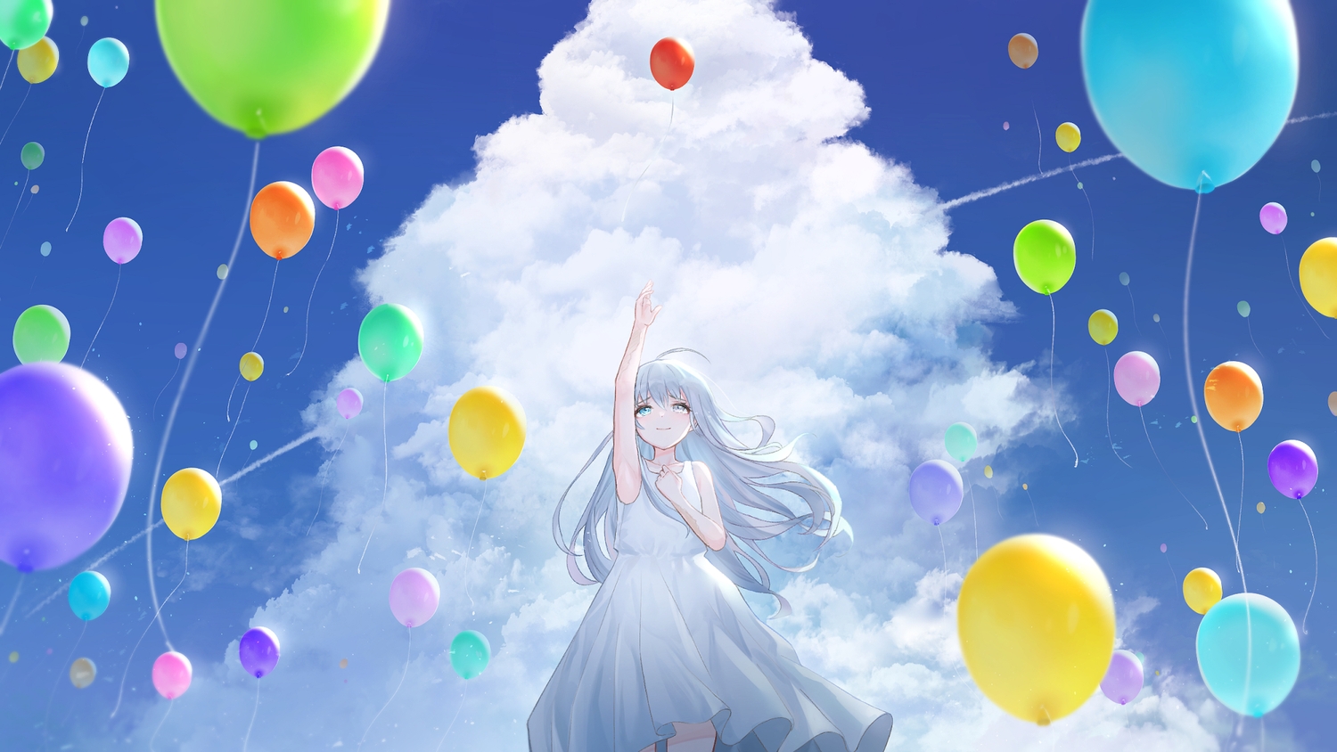 aliasing, bicolored_eyes, clouds, dress, gray_hair, long_hair, original, rice_(okome_no_naru_ki)