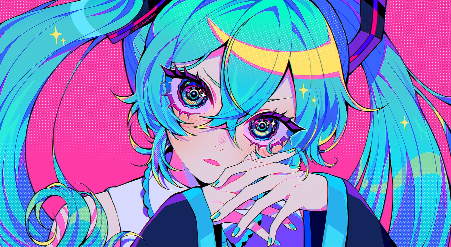 aqua_eyes, aqua_hair, blush, close, hatsune_miku, long_hair, pink, savi_(byakushimc)