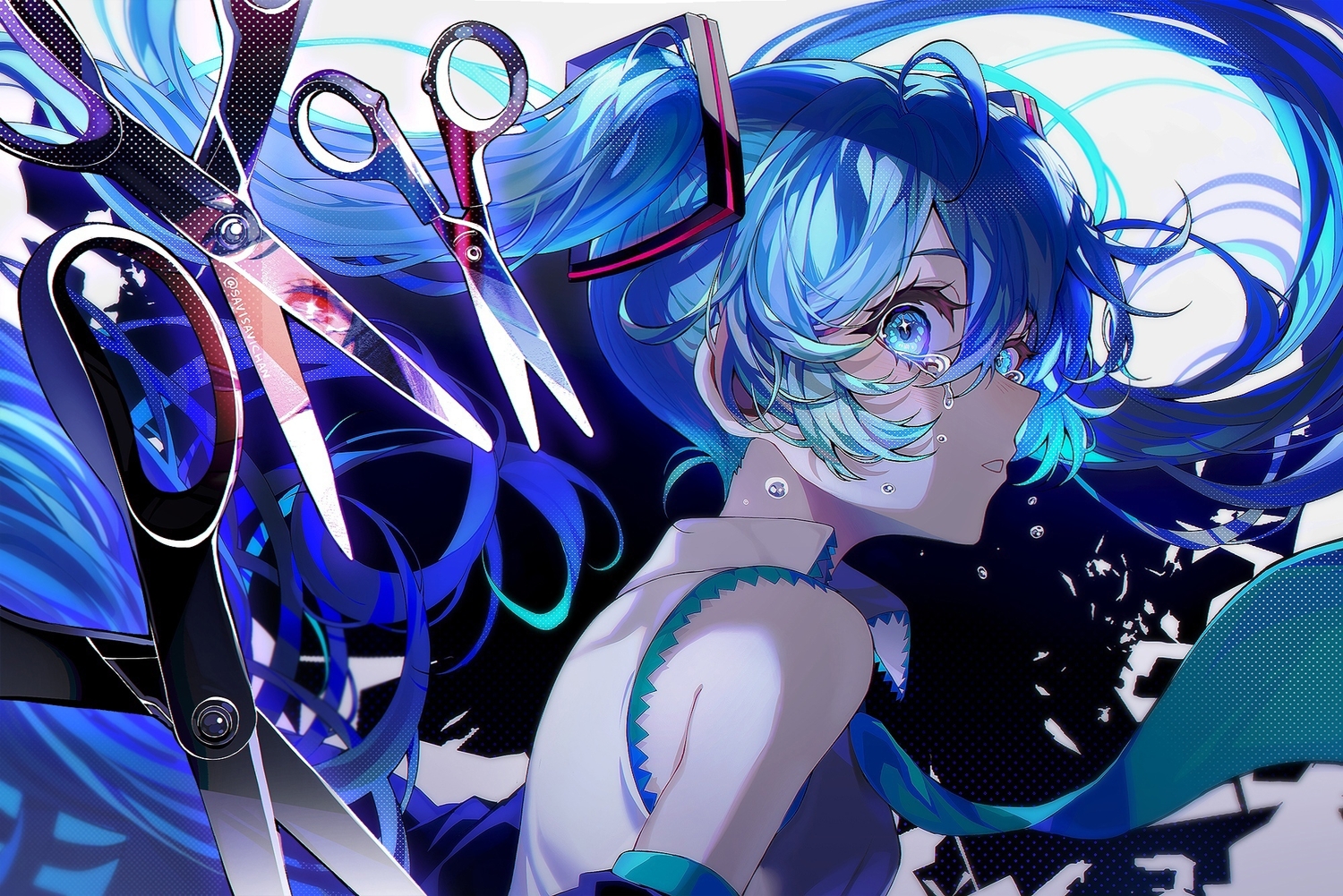 aqua_eyes, aqua_hair, hatsune_miku, long_hair, mosaic_roll_(vocaloid), reflection, savi_(byakushimc), signed