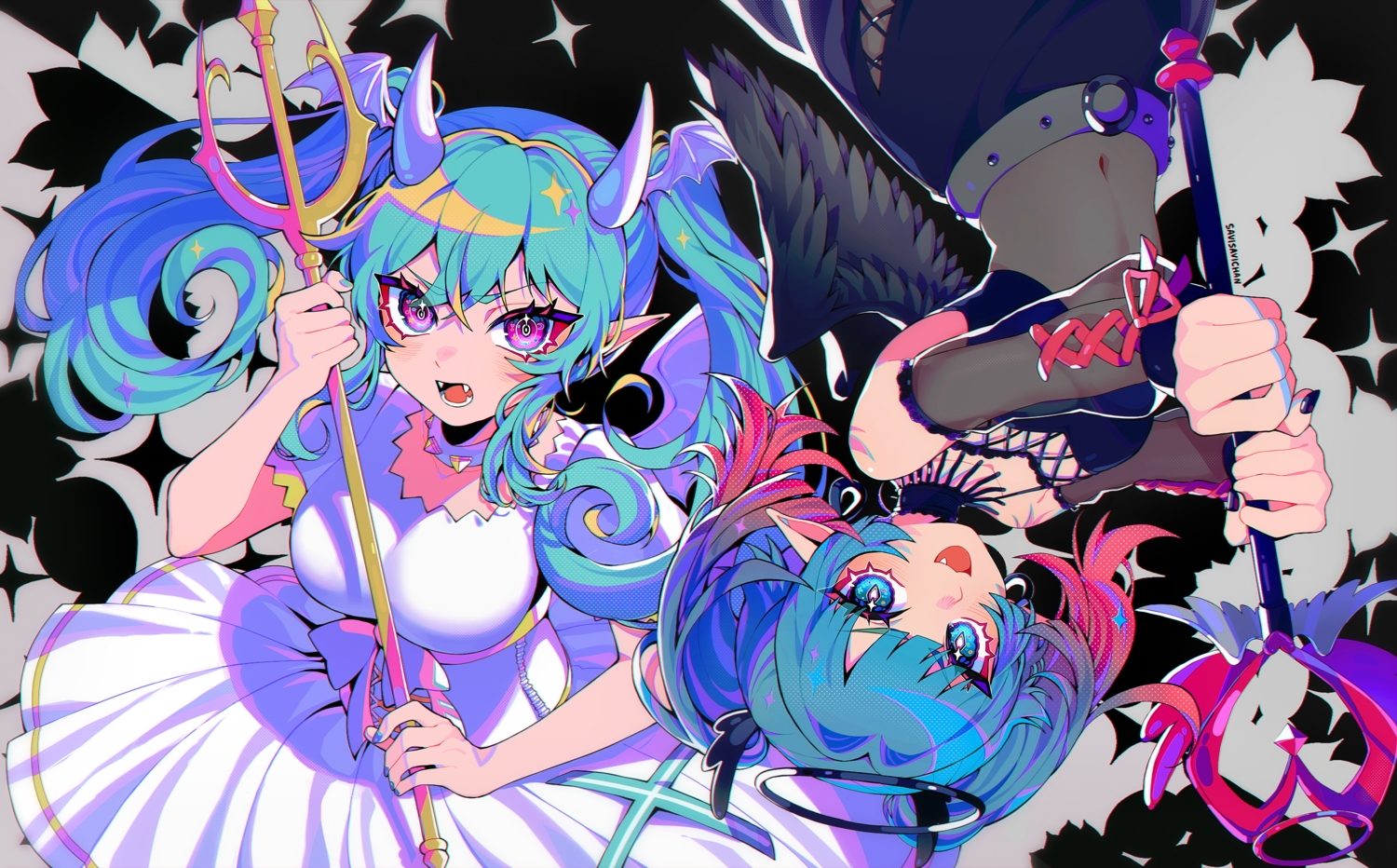 aliasing, angel, aqua_hair, blush, bow, choker, demon, dress
