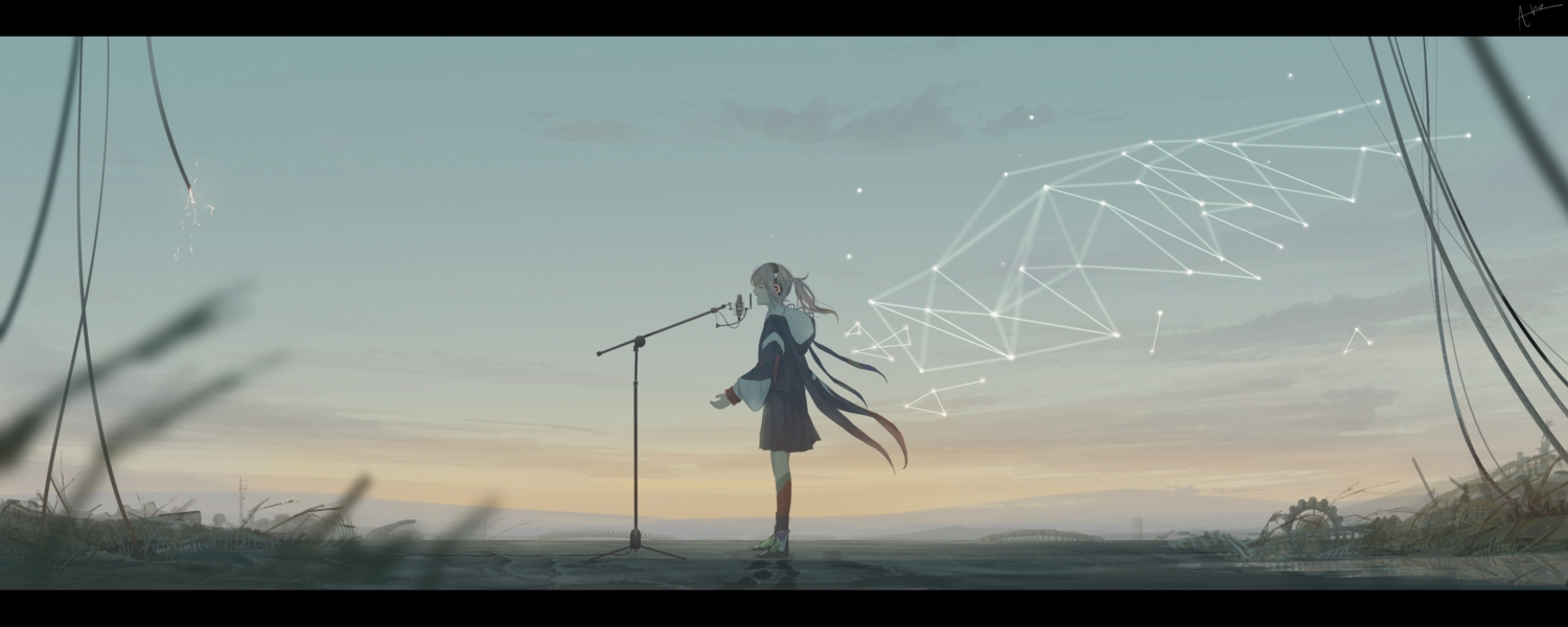 headphones, kaf, kamitsubaki_studio, microphone, oneires, ruins, signed, sky, stars, wings