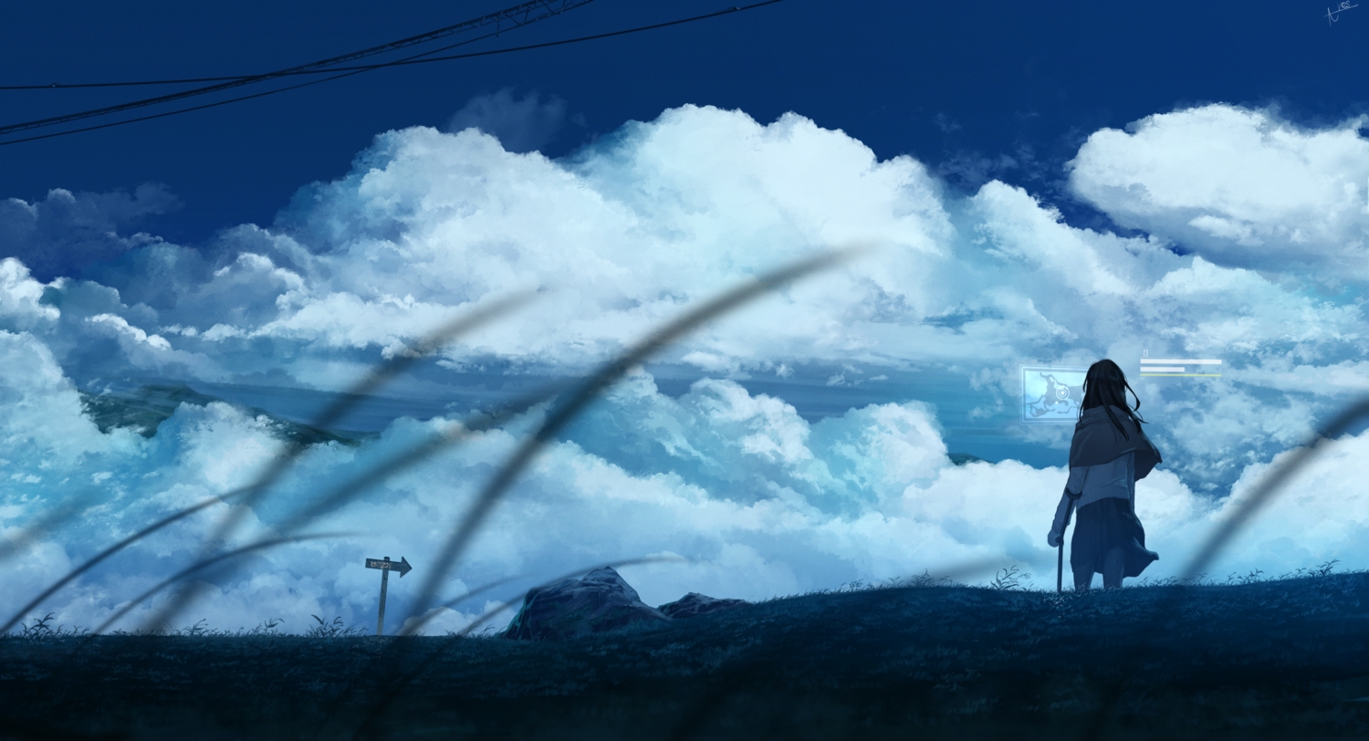 blue, clouds, grass, oneires, original, scenic, signed, sky