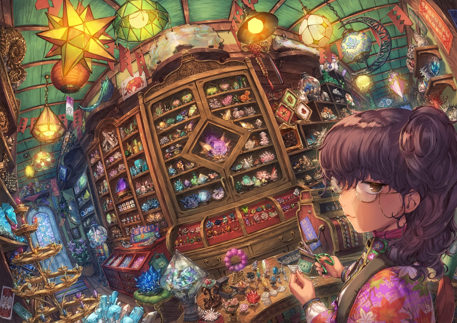 asano_shiki, brown_eyes, brown_hair, flowers, glasses, original, paper, ponytail