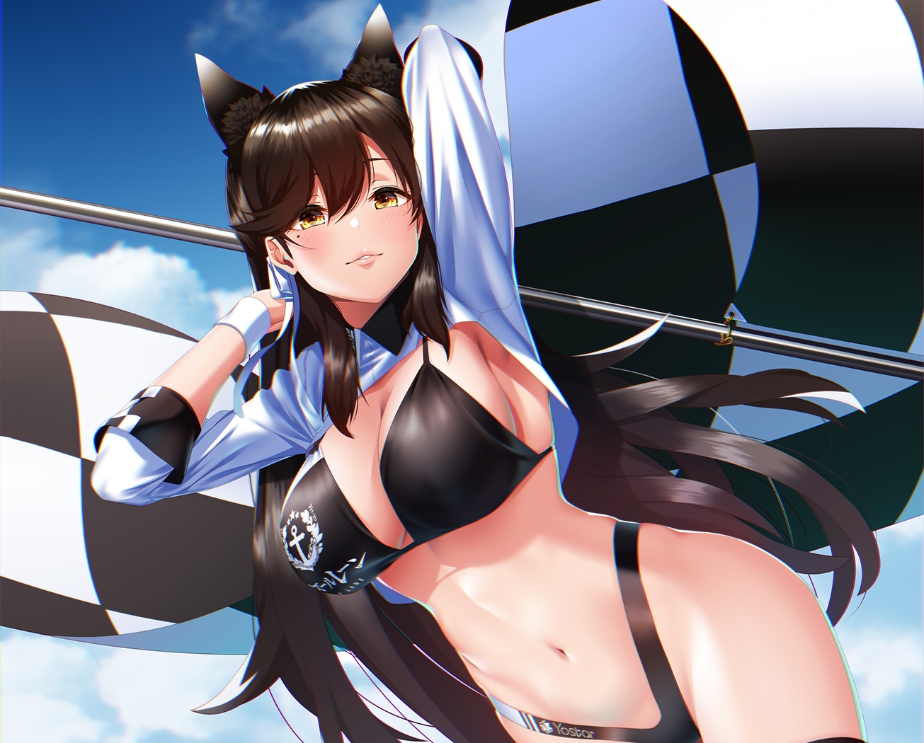 animal_ears, anthropomorphism, atago_(azur_lane), azur_lane, brown_hair, clouds, doggirl, kagiyama_(clave), long_hair, navel, sky, yellow_eyes