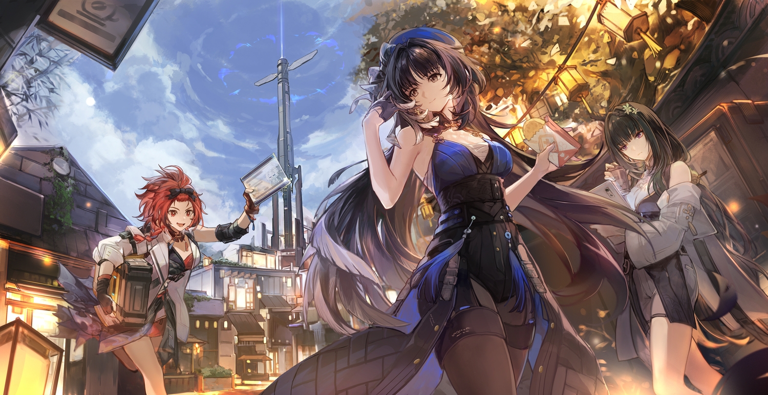 bailian_(wuthering_waves), black_hair, brown_eyes, building, chixia_(wuthering_waves), clouds, csyday, food