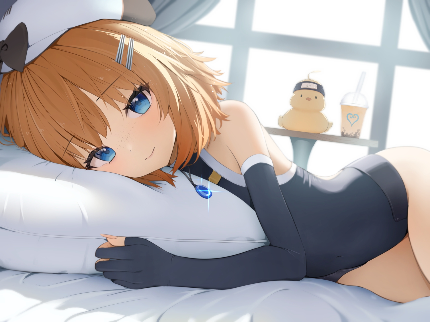bananafish1111, bed, blue_eyes, brown_hair, elbow_gloves, gloves, hat, kingdom_hearts