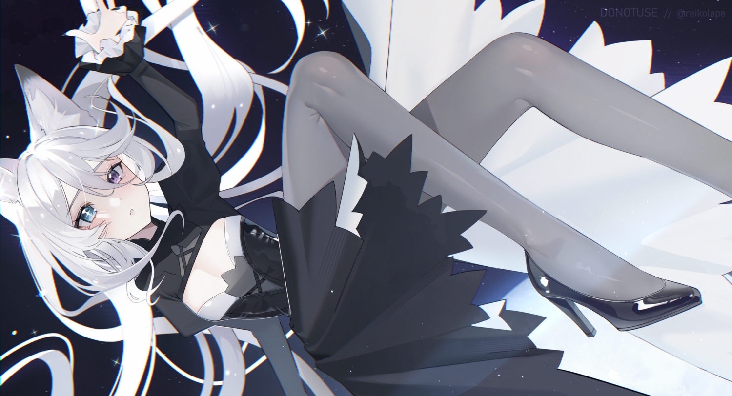 animal_ears, ave_lisek, bicolored_eyes, breasts, cleavage, corset, dress, foxgirl