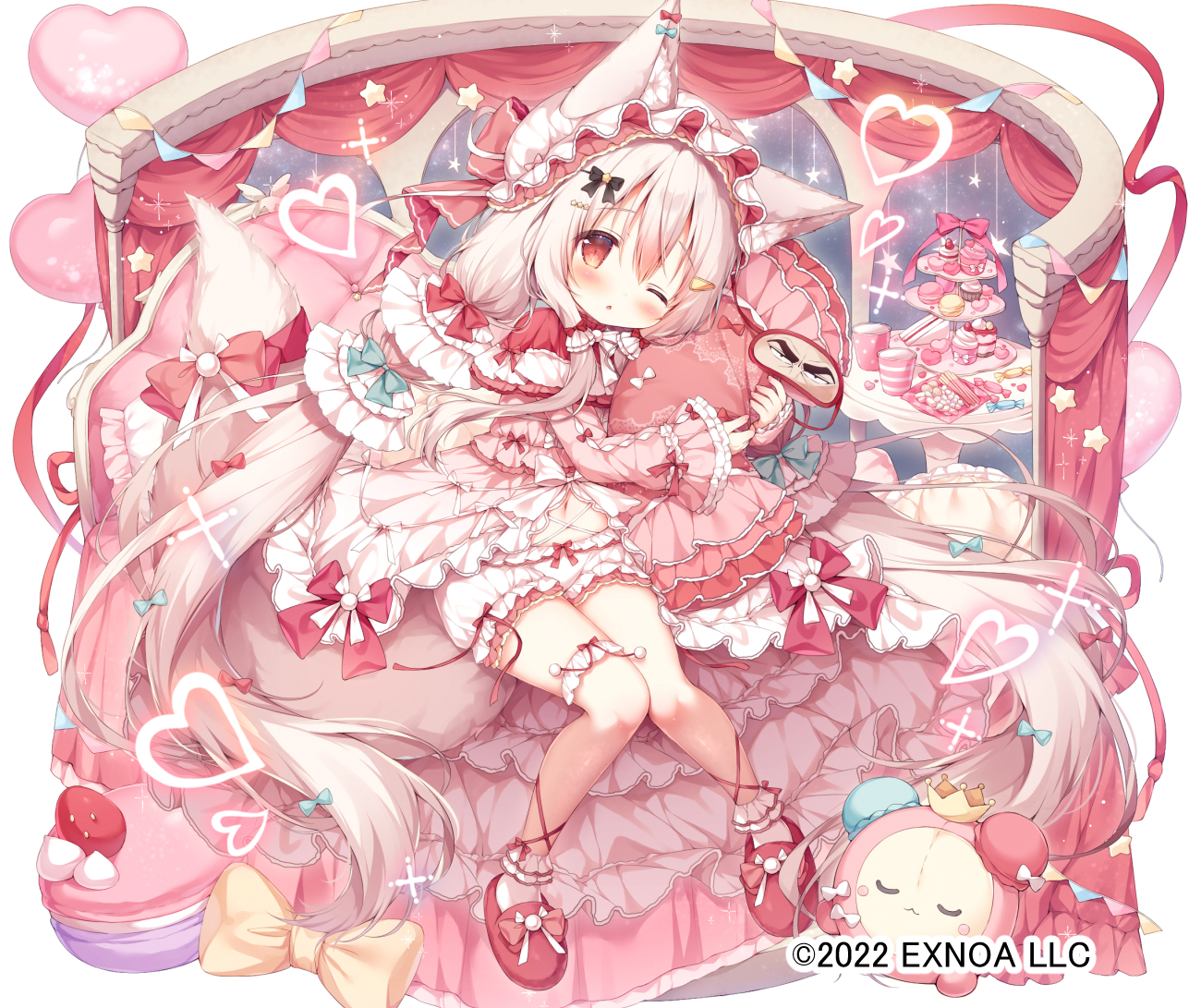 animal_ears, anthropomorphism, bloomers, blush, bow, cake, cropped, food