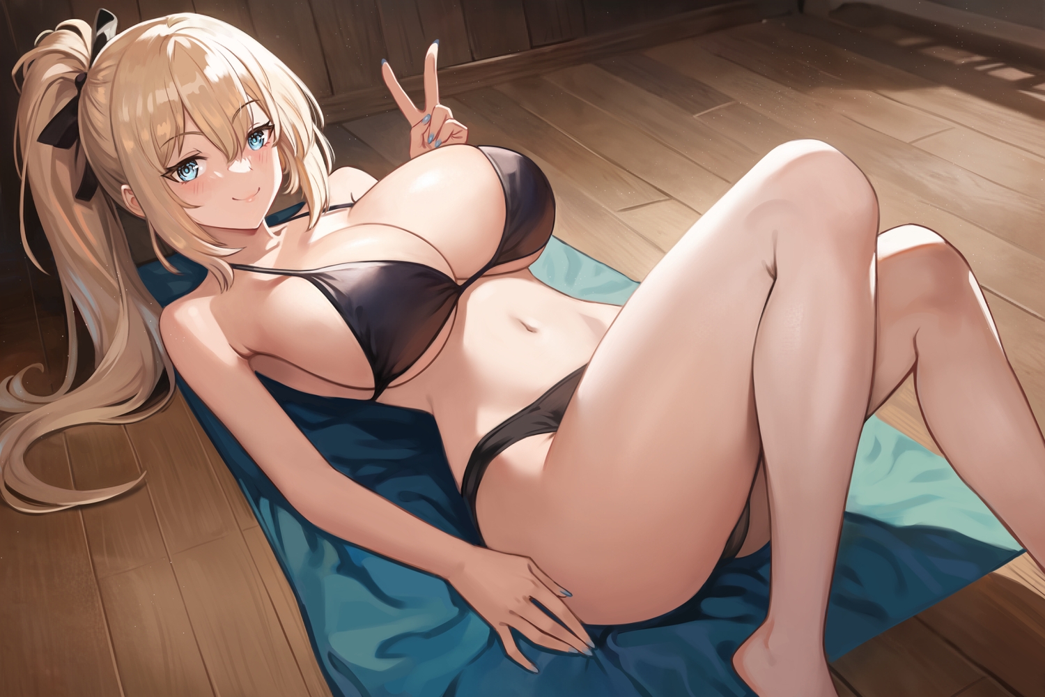 aqua_eyes, bikini, blonde_hair, blush, bow, breasts, cleavage, genshin_impact, jean_gunnhildr, long_hair, ponytail, shinsaku_(stan-art), swimsuit, underboob
