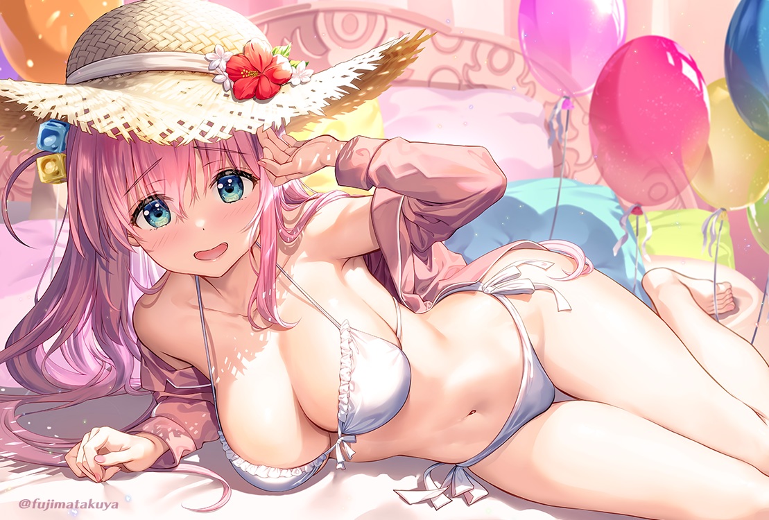 aqua_eyes, barefoot, bed, bikini, bocchi_the_rock!, breasts, cleavage, fujima_takuya