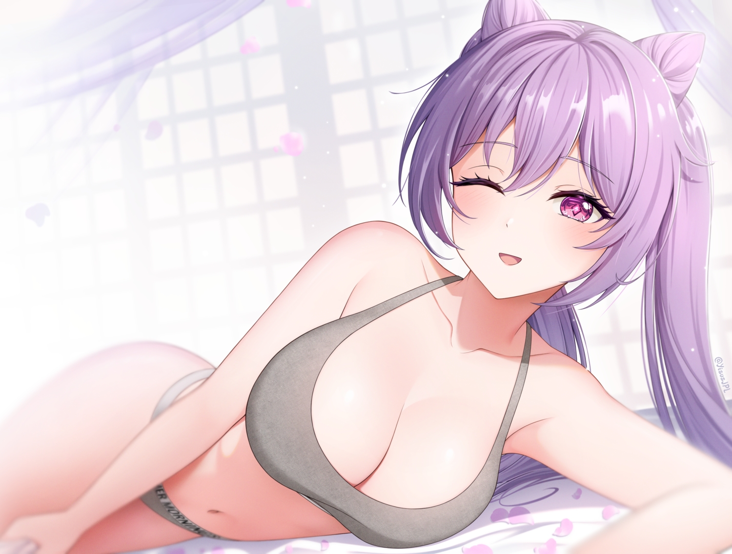 bed, bra, genshin_impact, keqing_(genshin_impact), long_hair, navel, panties, petals, purple_eyes, purple_hair, twintails, underwear, wink, yisusjpl