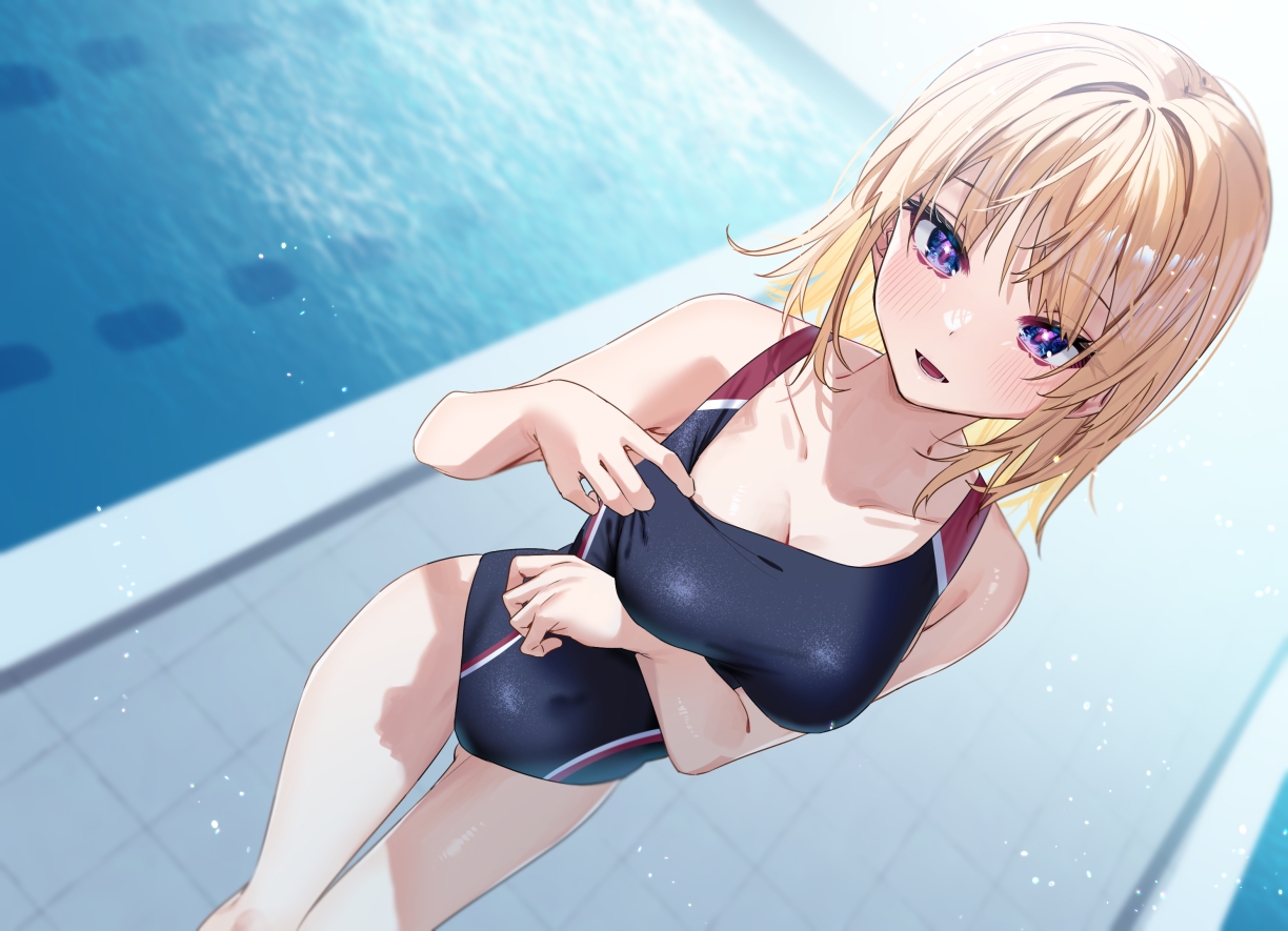blonde_hair, blue_eyes, blush, breast_hold, chigusa_minori, kisunante_dekinaidesho?, pool, short_hair, swimsuit, tagme_(character), water