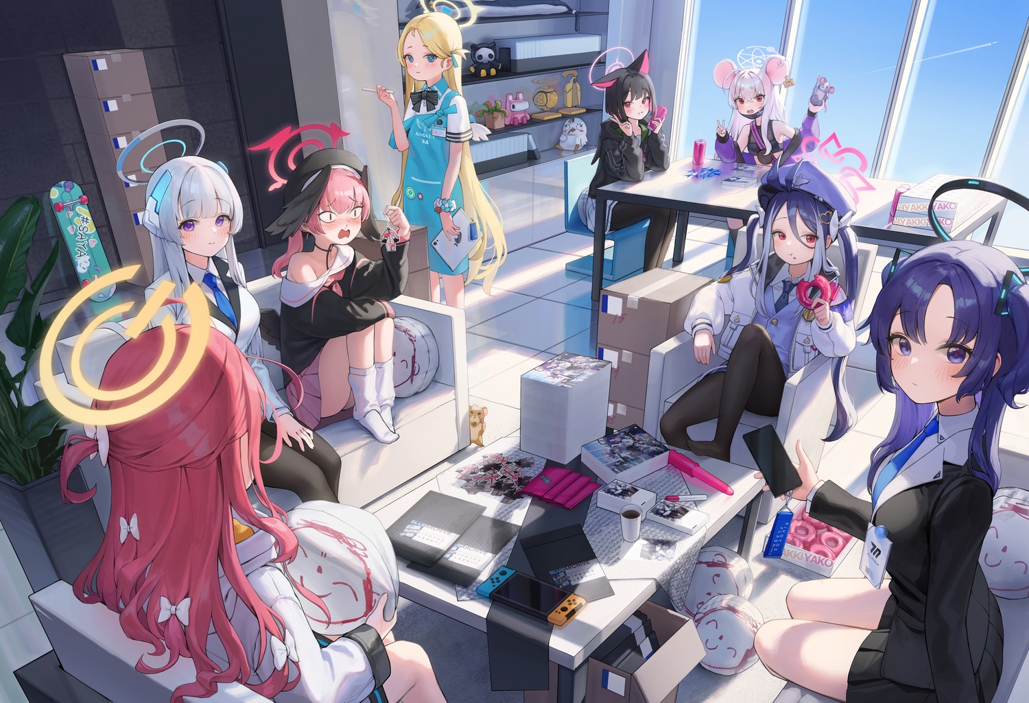 animal, apron, aqua_eyes, black_hair, blonde_hair, blue_archive, blue_hair, blush, bow, computer, couch, dong_ji, drink, flat_chest, food, gray_hair, group, halo, hanaoka_yuzu, hat, hayase_yuuka, hood, kneehighs, kyouyama_kazusa, long_hair, mask, military, mouse, mousegirl, nemugaki_fubuki, nosebleed, pantyhose, phone, pink_hair, purple_eyes, purple_hair, red_eyes, red_hair, school_uniform, shimoe_koharu, skirt, sky, socks, sora_(blue_archive), suit, tie, twintails, uniform, ushio_noa, white_hair, wings, wristwear, yakushi_saya